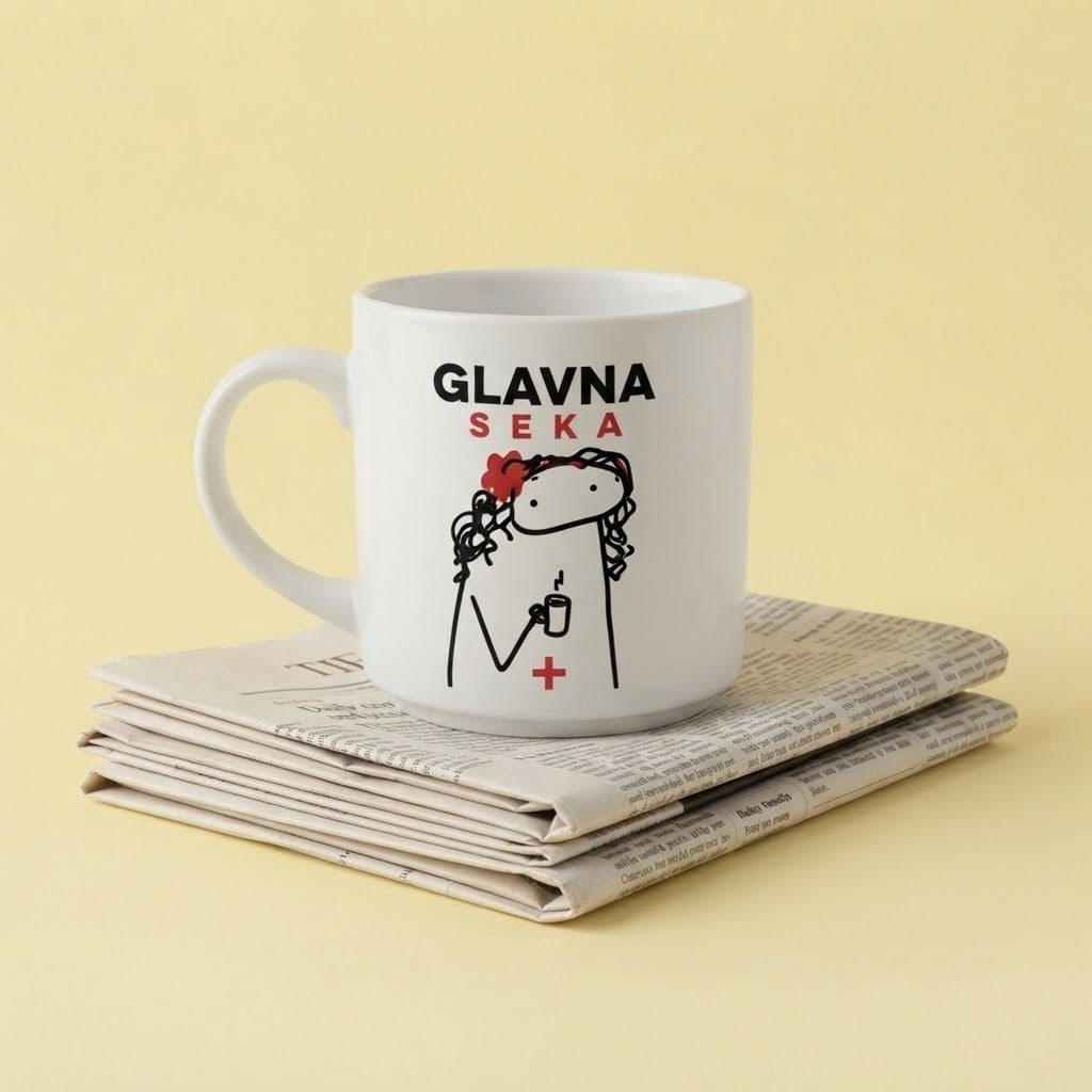 Bela šoljica sa crtežom lika i natpisom Glavna seka